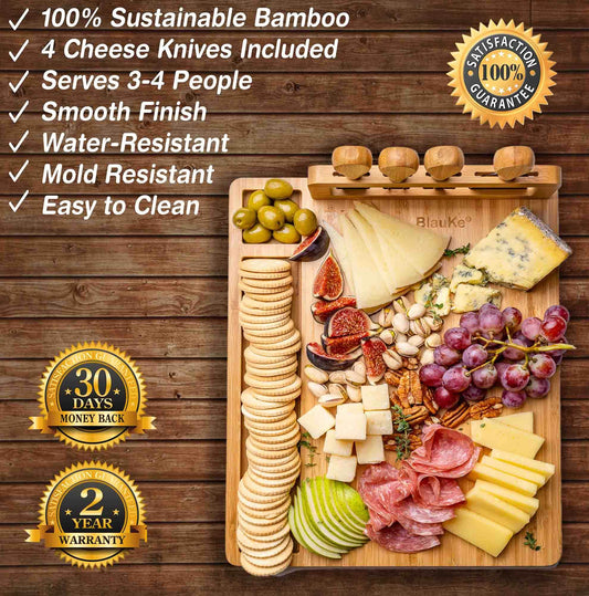 Bamboo Cheese Board and Knife Set - 14x11 inch Charcuterie Board with 4 Cheese Knives - Wood Serving Tray - Loft&Timber
