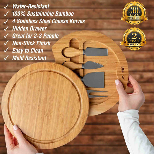 Bamboo Cheese Board and Knife Set - 10 Inch Swiveling Charcuterie Board with Slide-Out Drawer - Loft&Timber