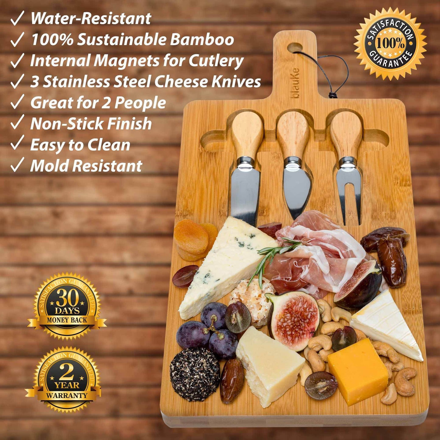 Bamboo Cheese Board and Knife Set - 12x8 inch Charcuterie Board with Magnetic Cutlery Storage - Wood Serving Tray with Handle - Loft&Timber