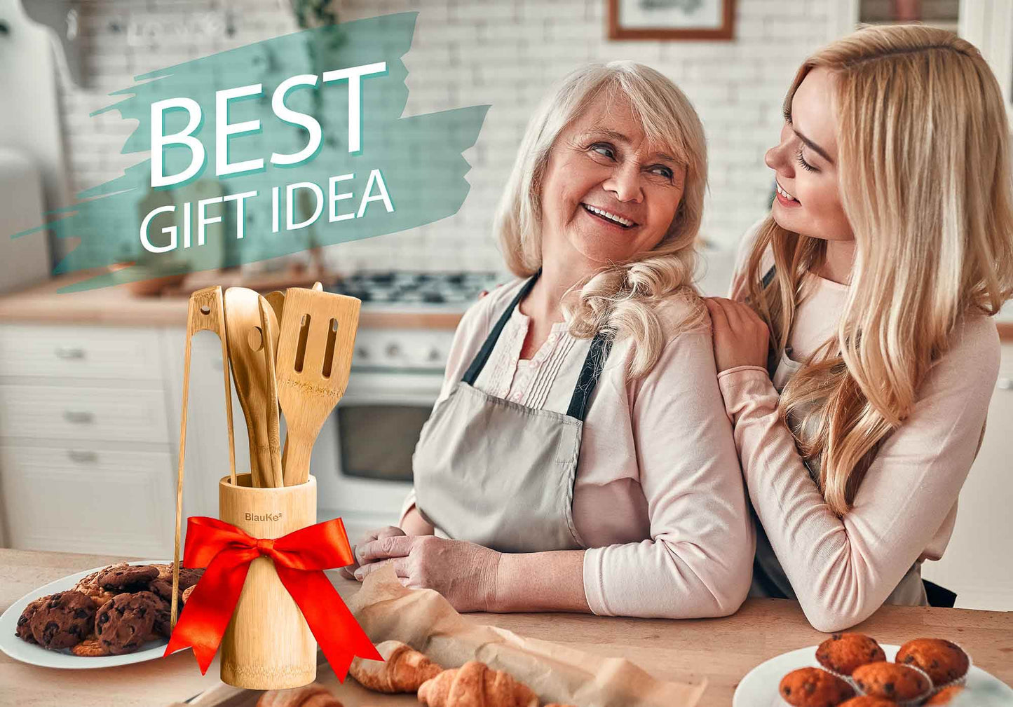 Bamboo Kitchen Utensils Set 8-Pack - Wooden Cooking Utensils for Nonstick Cookware - Wooden Cooking Spoons, Spatulas, Turner, Tongs, Utensil Holder - Loft&Timber