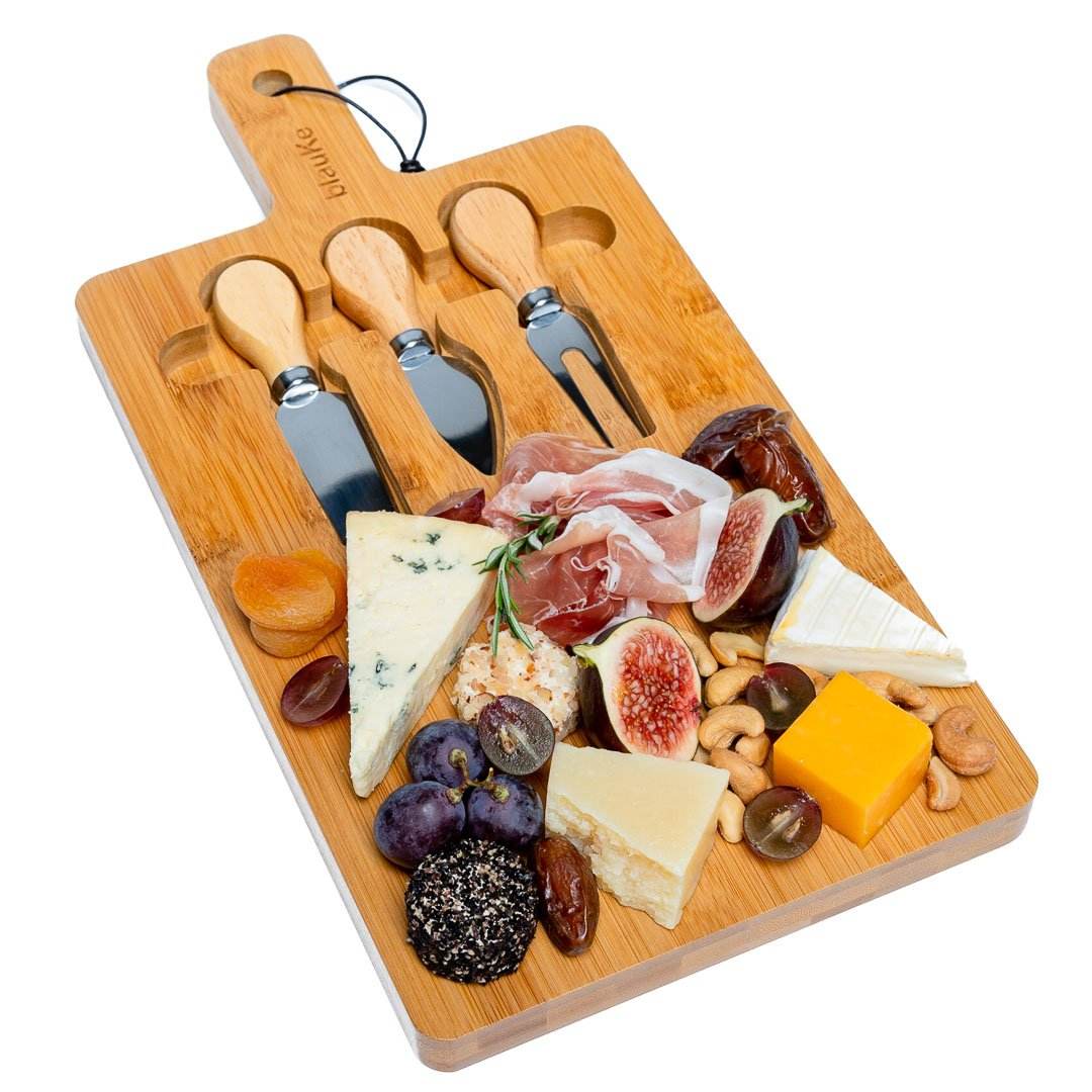 Bamboo Cheese Board and Knife Set - 12x8 inch Charcuterie Board with Magnetic Cutlery Storage - Wood Serving Tray with Handle - Loft&Timber