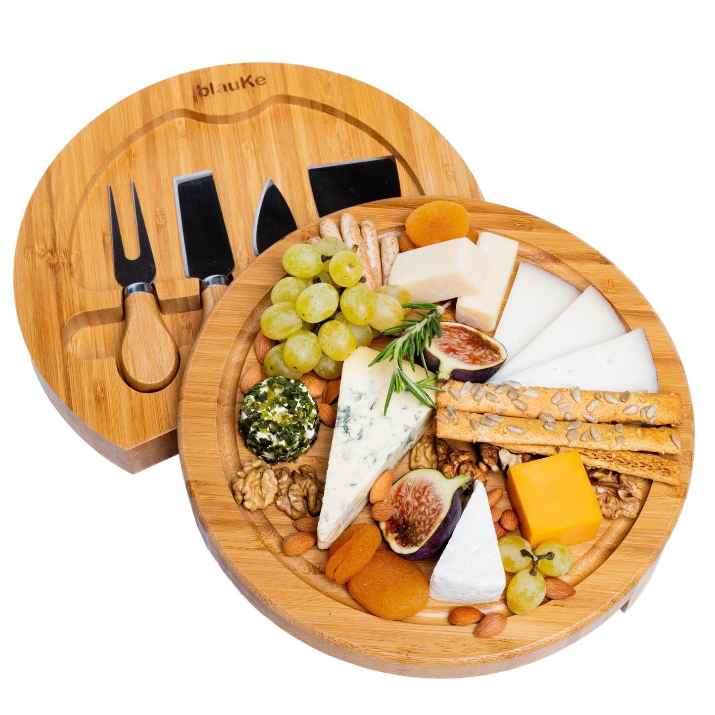Bamboo Cheese Board and Knife Set - 10 Inch Swiveling Charcuterie Board with Slide-Out Drawer - Loft&Timber