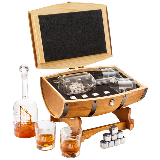 Large Display Whiskey & Wine Decanter with Antique Ship - Handcrafted Wood Barrel Storage - Wine Savant Decanters Gifts Set with 2 Glasses, & Drink Chiller Stones for Your Bar - 16" x 8" x 15" - Loft&Timber