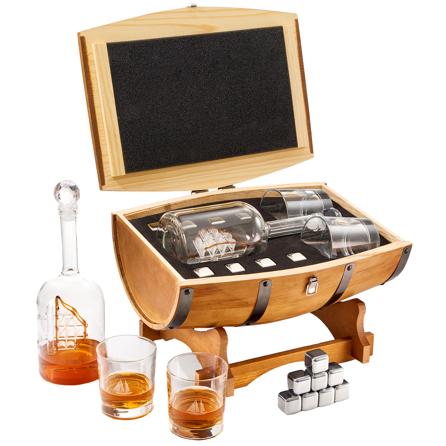 Large Display Whiskey & Wine Decanter with Antique Ship - Handcrafted Wood Barrel Storage - Wine Savant Decanters Gifts Set with 2 Glasses, & Drink Chiller Stones for Your Bar - 16" x 8" x 15" - Loft&Timber