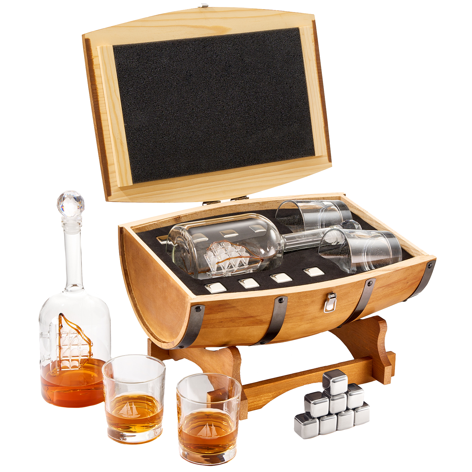 Large Display Whiskey & Wine Decanter with Antique Ship - Handcrafted Wood Barrel Storage - Wine Savant Decanters Gifts Set with 2 Glasses, & Drink Chiller Stones for Your Bar - 16" x 8" x 15" - Loft&Timber