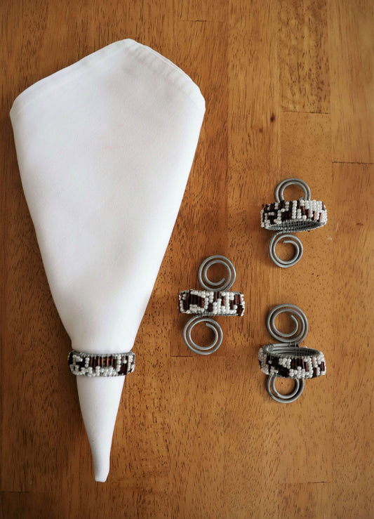 Beaded Brown & Cream Napkin Rings on aluminium stand | Handmade in Tanzania - Loft&Timber