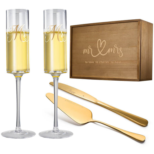 Wedding, Bridal Mr & Mrs Champagne Flutes Gift | Set of 2 | Crystal Champagne Flutes for Him and Her, Valentine's Day, Housewarming Gifts, Engagement Shower Gift for Bride and Groom GIFT BOX (Gold) - Loft&Timber