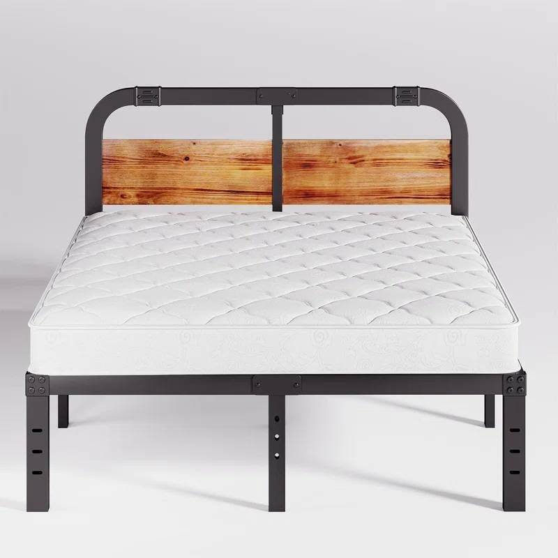 California King Heavy Duty Black Metal Bed Frame with Wood Panel Headboard - Loft&Timber