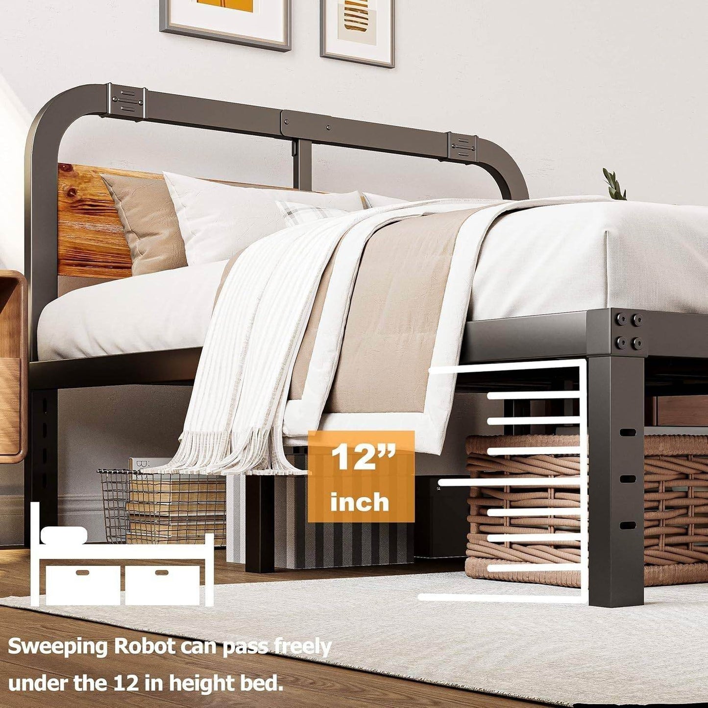 California King Heavy Duty Black Metal Bed Frame with Wood Panel Headboard - Loft&Timber