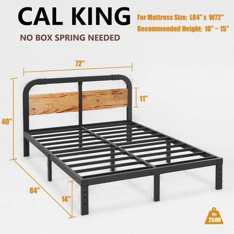 California King Heavy Duty Black Metal Bed Frame with Wood Panel Headboard - Loft&Timber