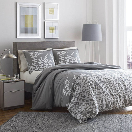Full / Queen 100-percent Cotton Comforter Set with Grey White Floral Branch Pattern - Loft&Timber