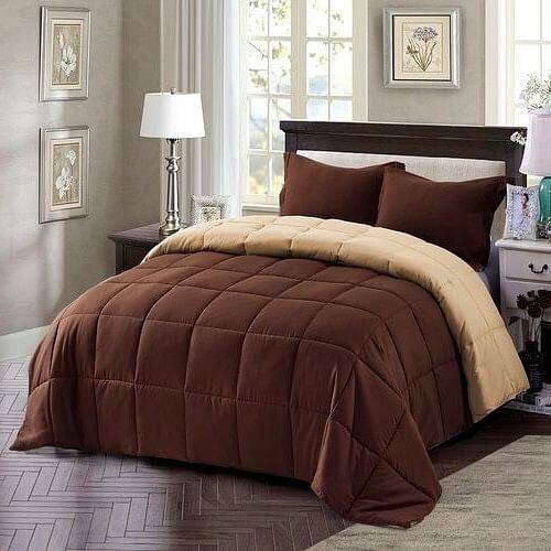 King/Cal King Traditional Microfiber Reversible 3 Piece Comforter Set in Brown - Loft&Timber