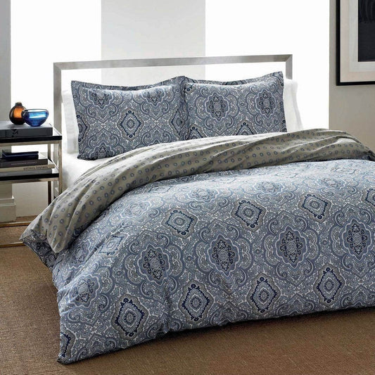 Full / Queen Cotton Comforter Set with Grey Blue Damask Pattern - Loft&Timber