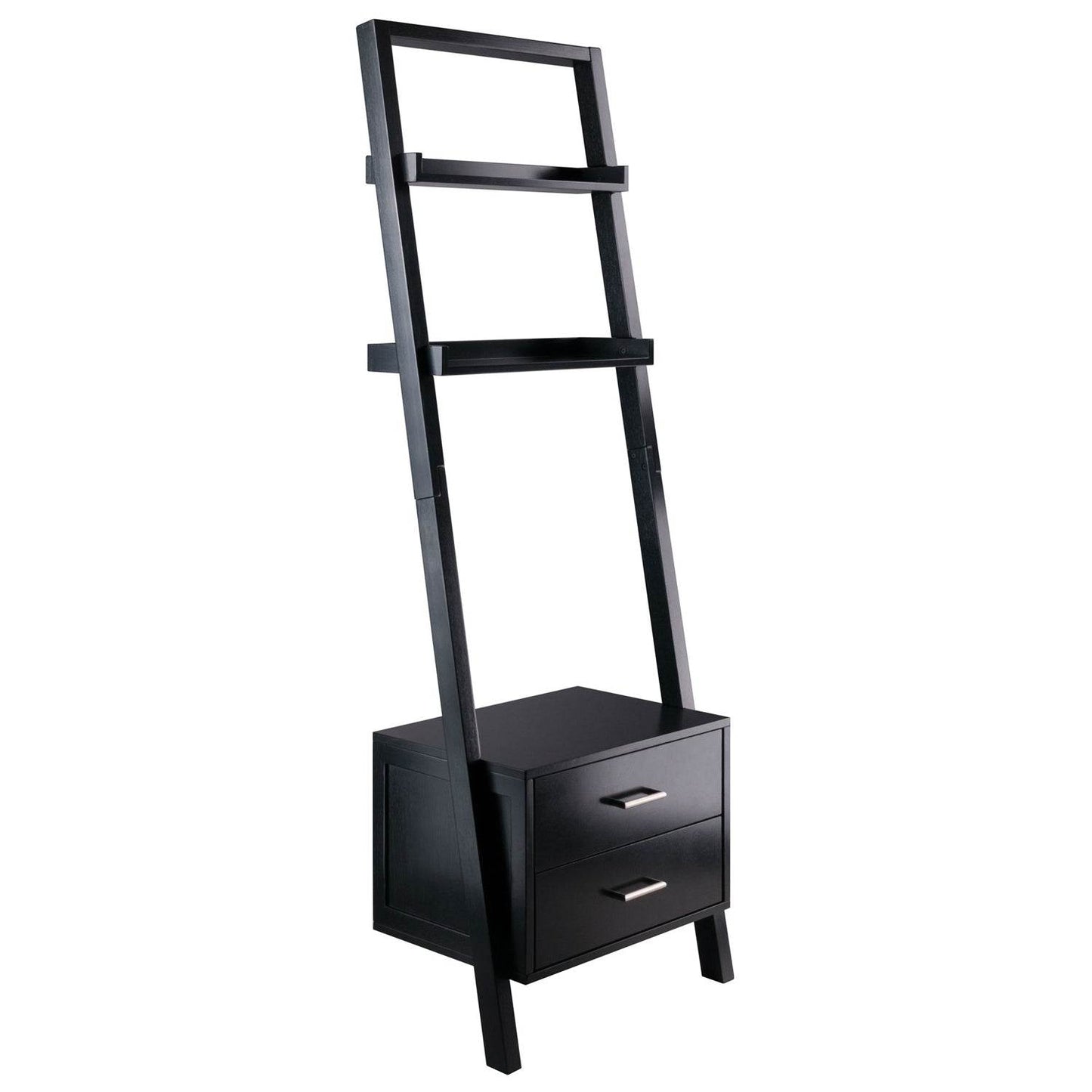 Modern Black 2 Drawer Entryway Shelf Leaning Ladder Bookshelf Bookcase - Loft&Timber