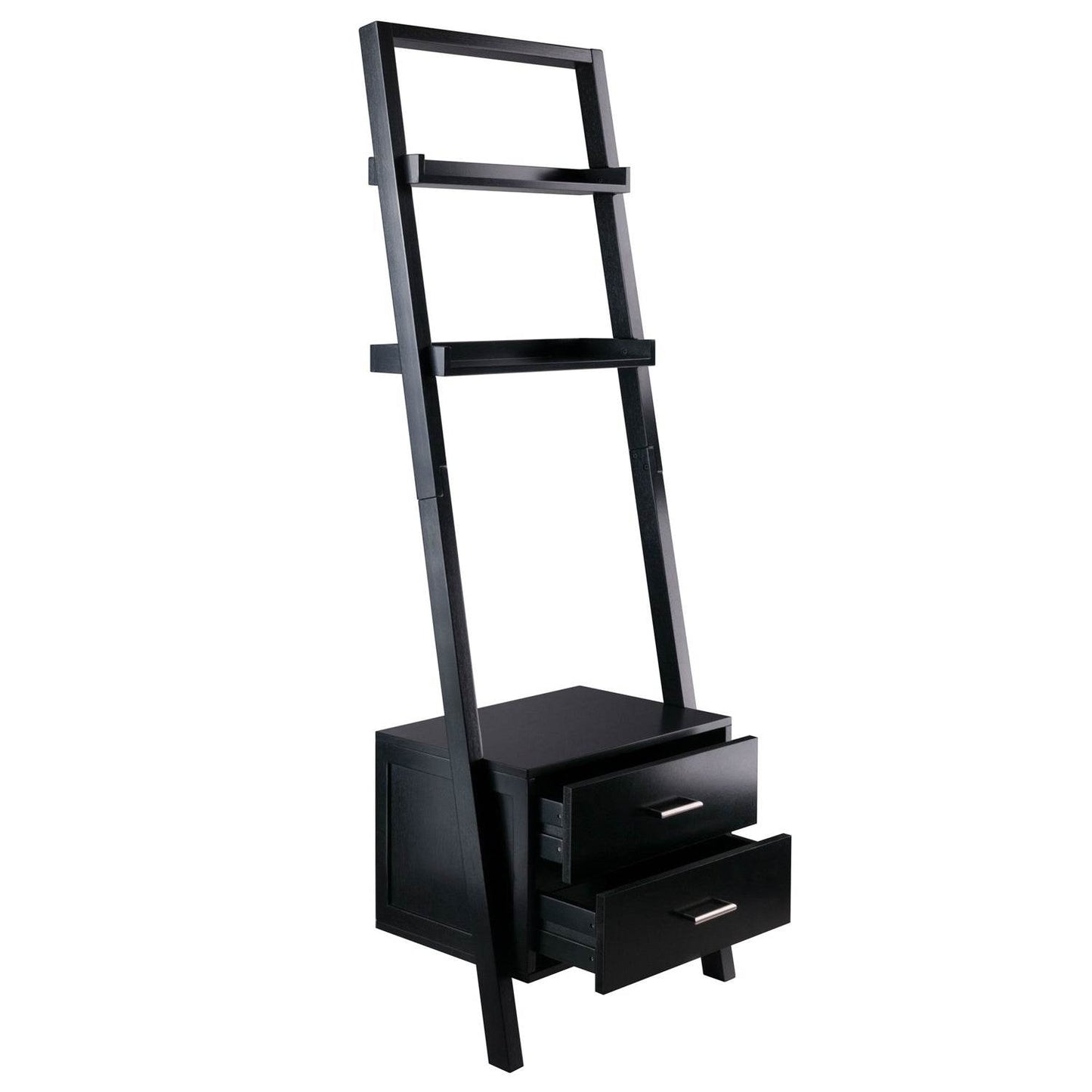 Modern Black 2 Drawer Entryway Shelf Leaning Ladder Bookshelf Bookcase - Loft&Timber