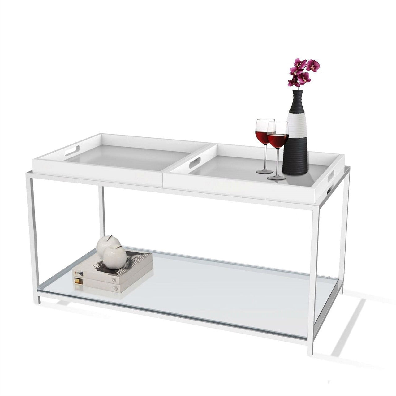 Modern Chrome Metal Coffee Table with 2 White Removable Trays-2