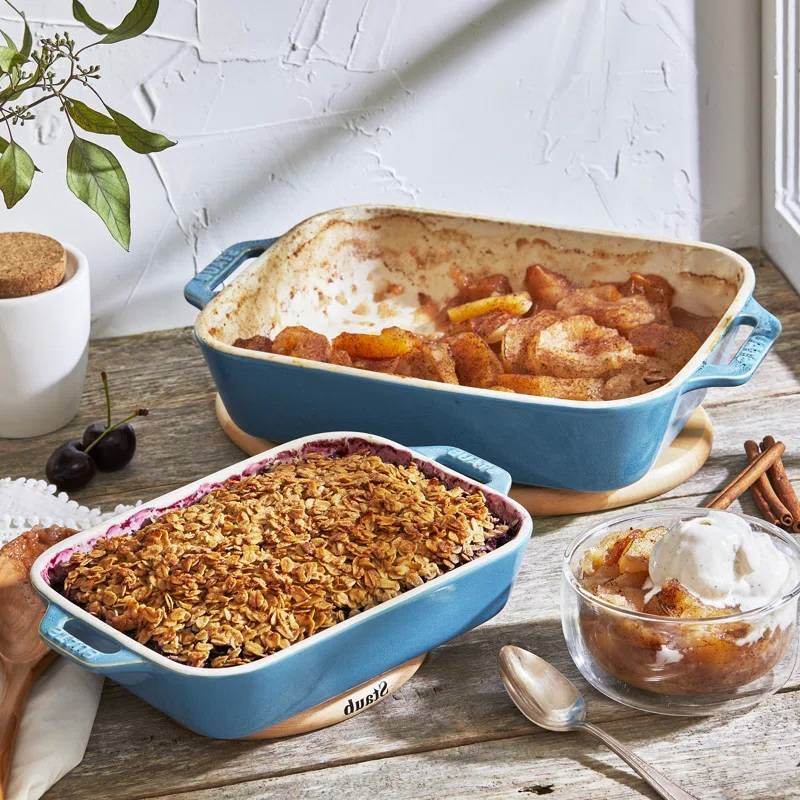 Set of 2 - Ceramic Stoneware Baking Dish Set in Blue Green Turquoise Ivory - Loft&Timber