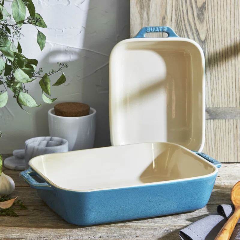 Set of 2 - Ceramic Stoneware Baking Dish Set in Blue Green Turquoise Ivory - Loft&Timber