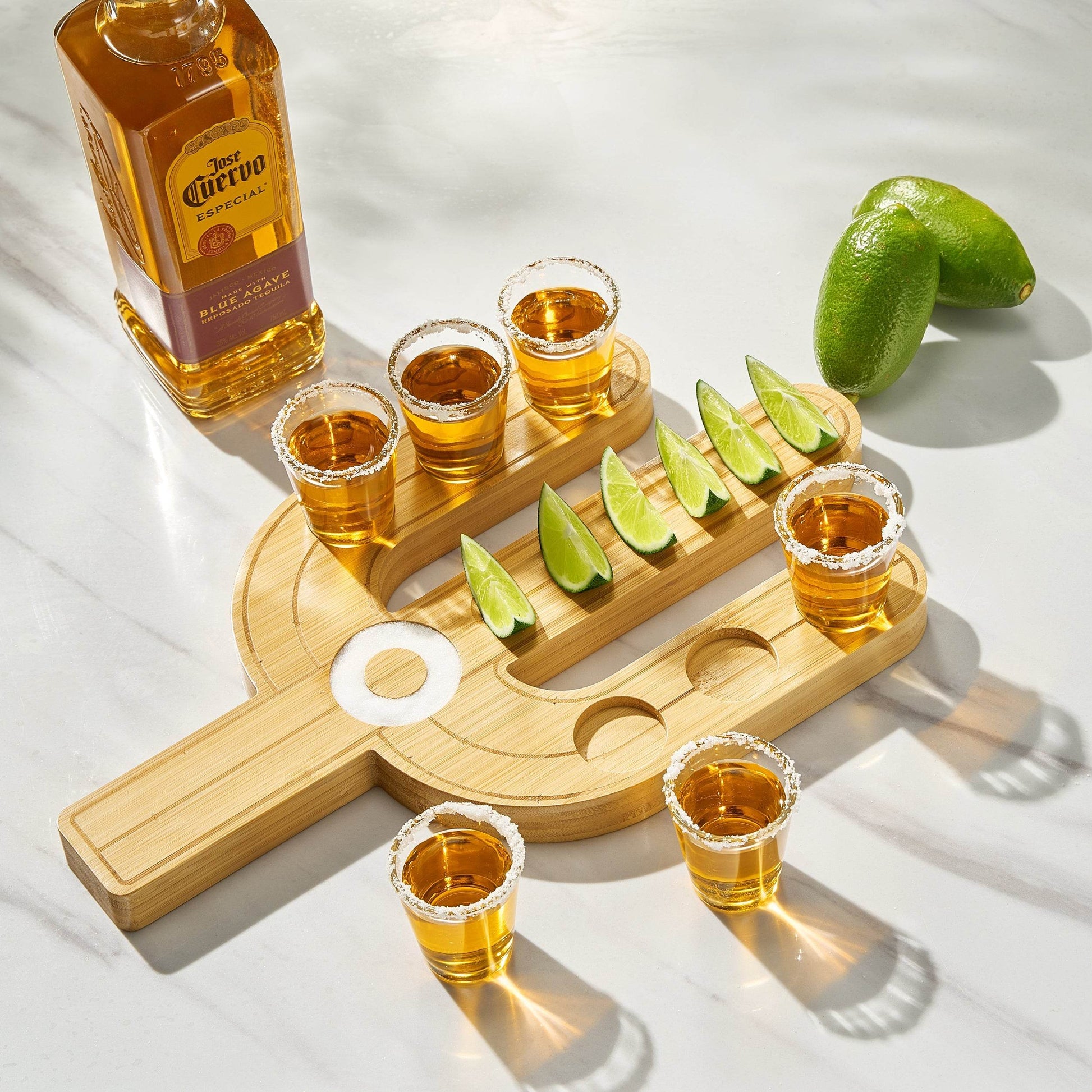 Cactus Tequila Tray & Shot Glasses Set - Tequila Gifts & Mexican Gifts - Bamboo Shot Glass Holder Serving Tray - Flight Board with Lemon Bowl, Salt Rimmer & Shot Glass Set - Party Shot Board, Gift - Loft&Timber