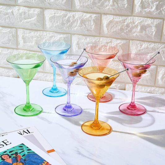 Martini Glasses Set of 6 | 8oz | Crystal Luxury Martini Glass - Elegant Colors - Premium Hand-Blown | Art Deco Cocktail Colored Coupes For Manhattan, Cosmopolitan, Sidecar, Speakeasy - Stemmed Goblets - Loft&Timber