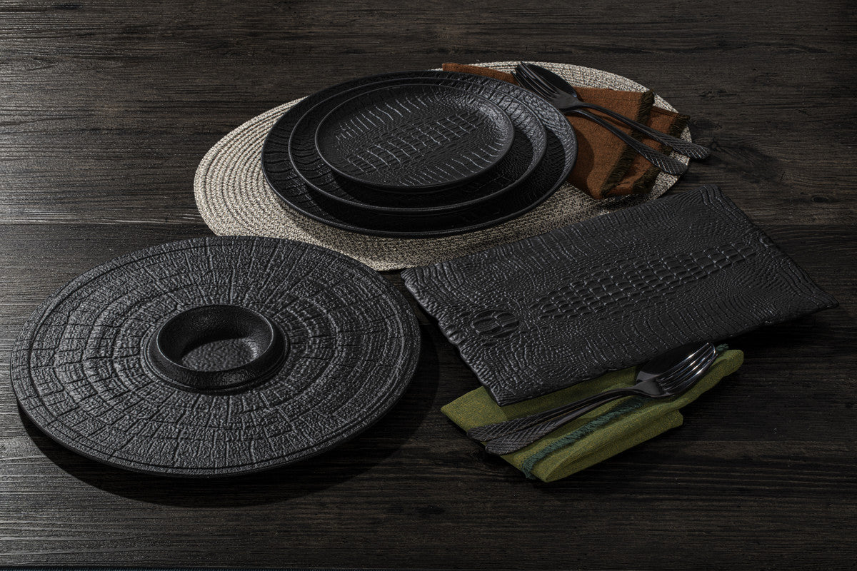 Black Porcelain Slate look Round Plate / Platter With Rustic Texture 13" inch - Loft&Timber