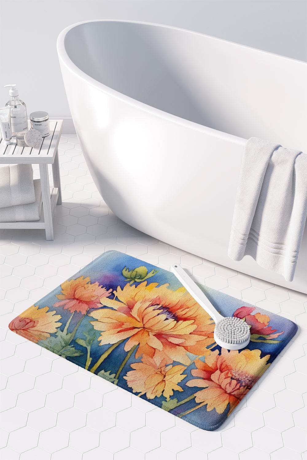 Chrysanthemums in Watercolor Memory Foam Kitchen Mat - Loft&Timber