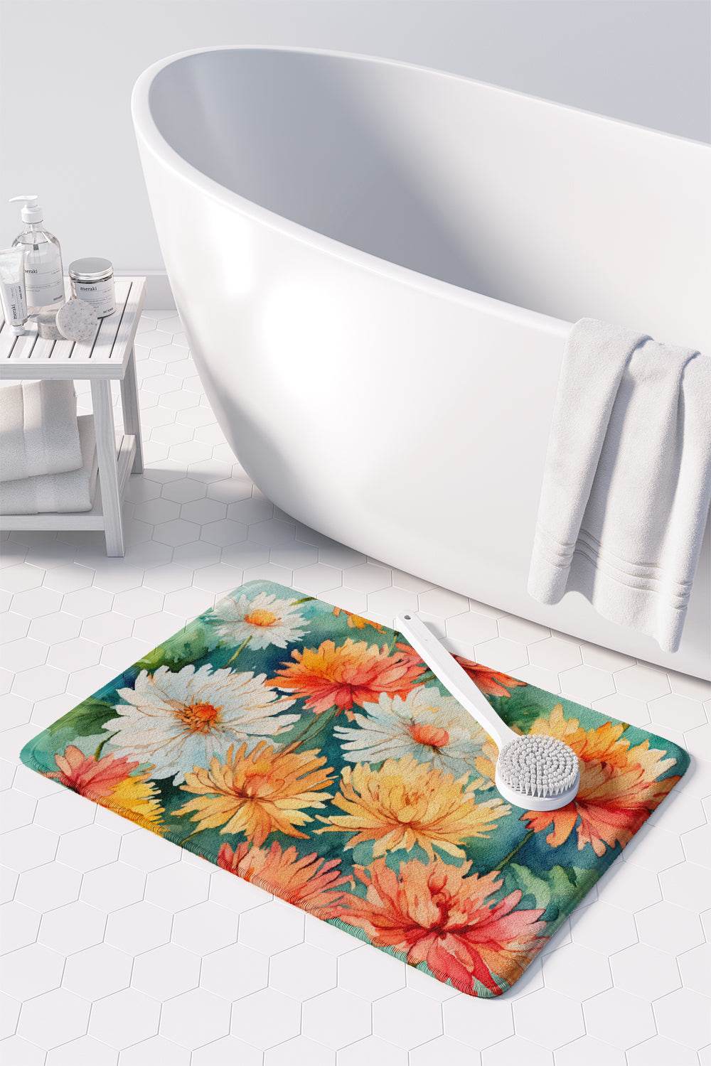 Chrysanthemums in Watercolor Memory Foam Kitchen Mat - Loft&Timber