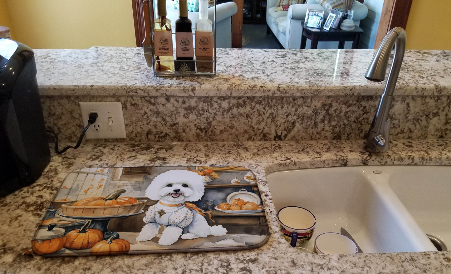 Bichon Frise Fall Kitchen Pumpkins Dish Drying Mat - Loft&Timber