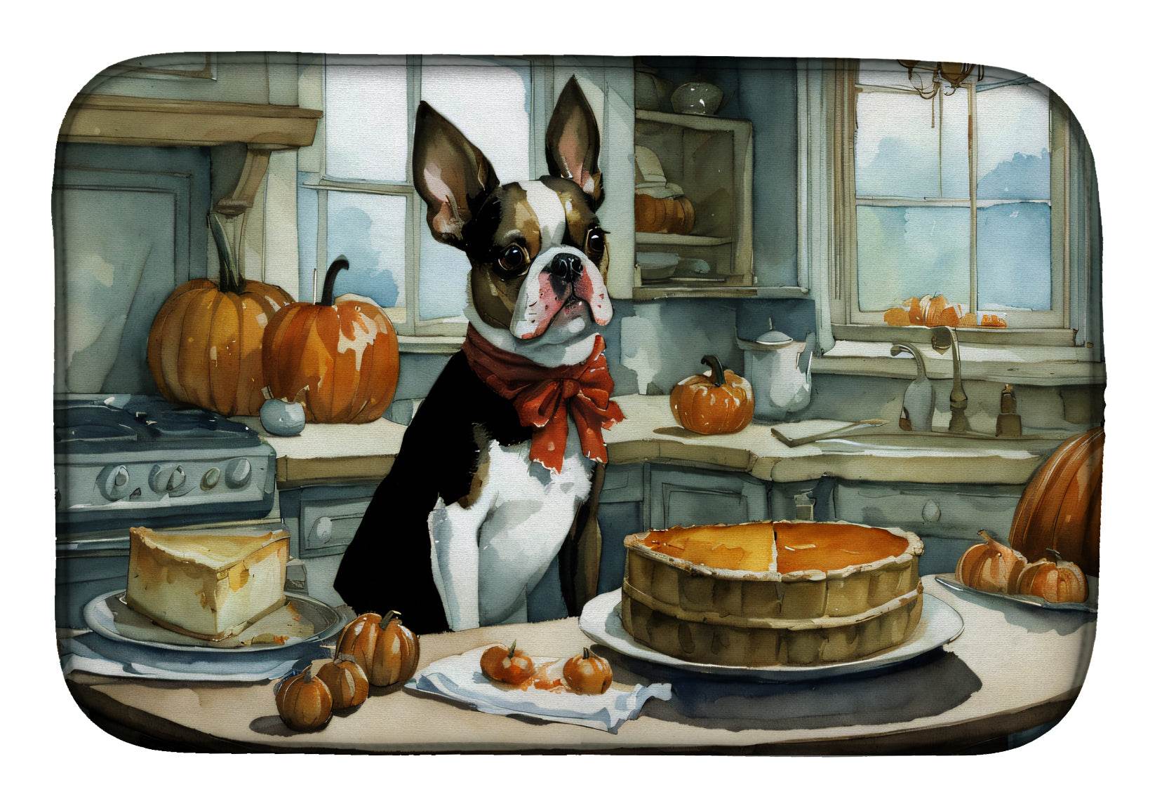 Boston Terrier Fall Kitchen Pumpkins Dish Drying Mat - Loft&Timber
