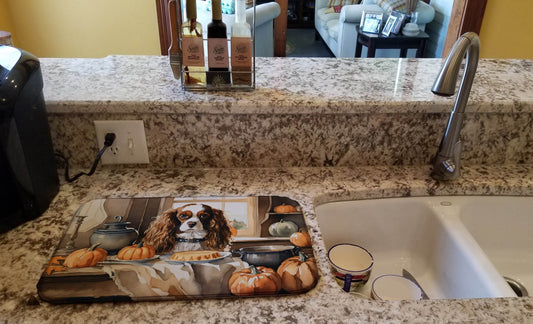 Cavalier Spaniel Fall Kitchen Pumpkins Dish Drying Mat - Loft&Timber