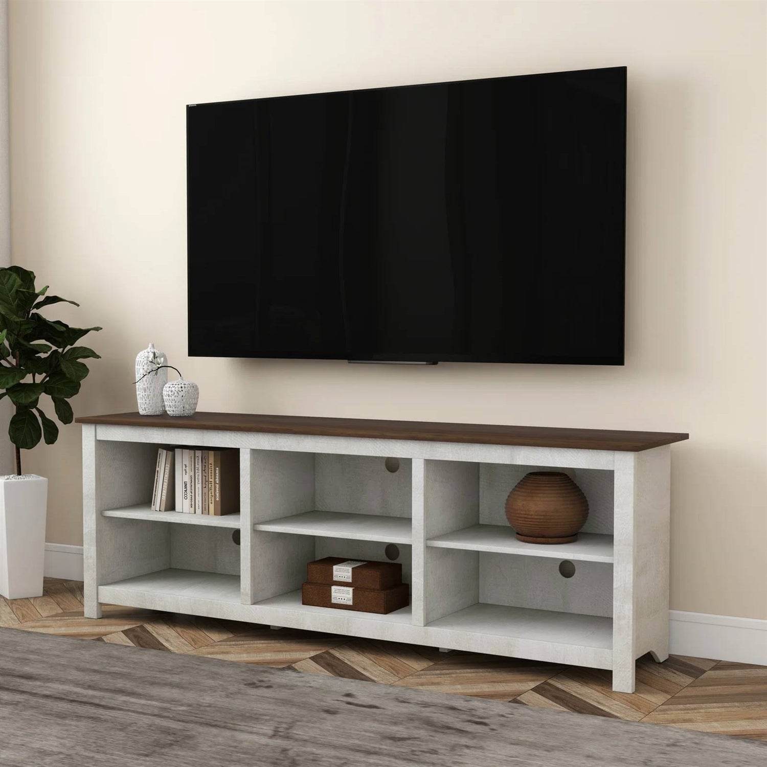 Farmhouse TV Stand in Grey Oak with Brown Wood Finish Top for TVs up to 70-inch - Loft&Timber