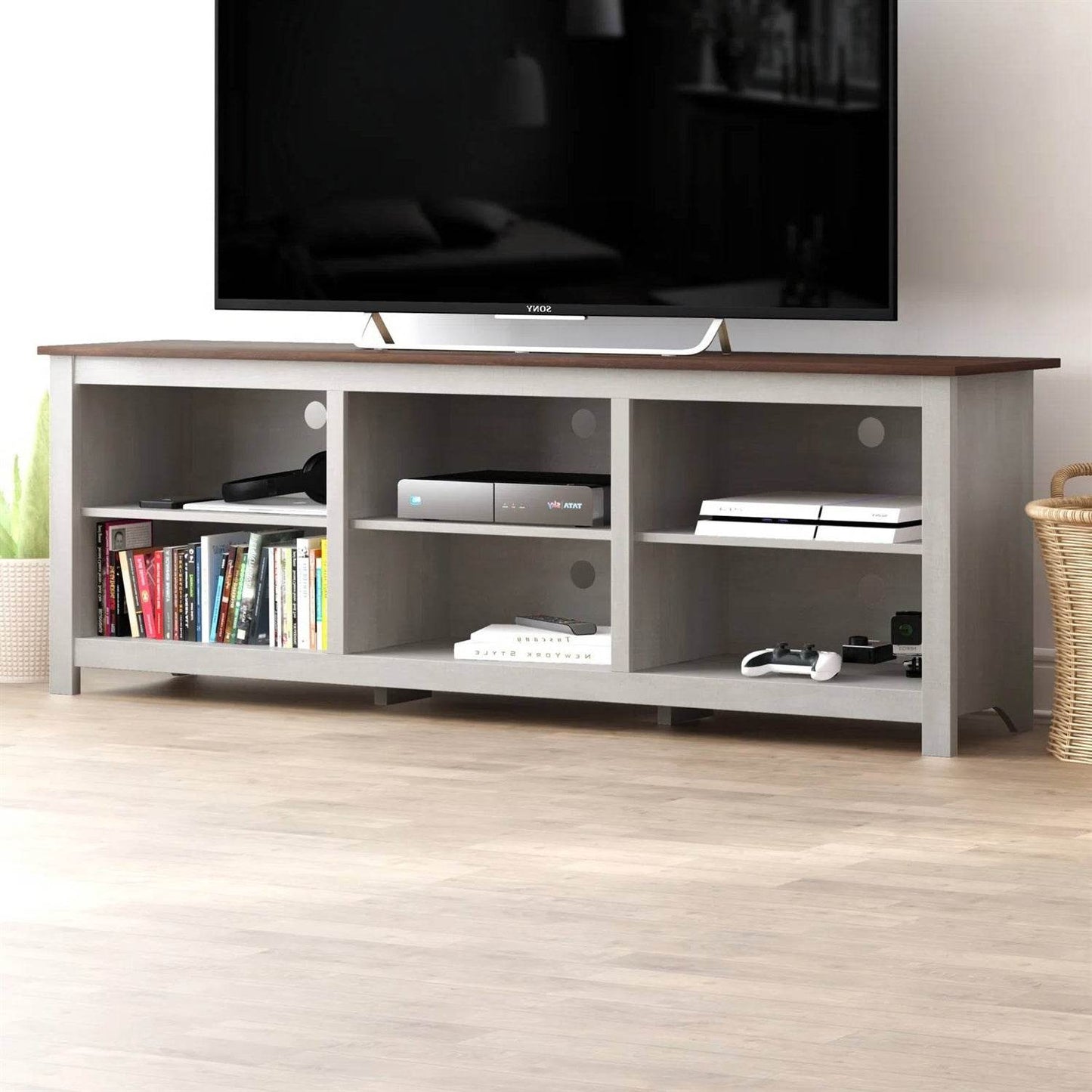 Farmhouse TV Stand in Grey Oak with Brown Wood Finish Top for TVs up to 70-inch - Loft&Timber