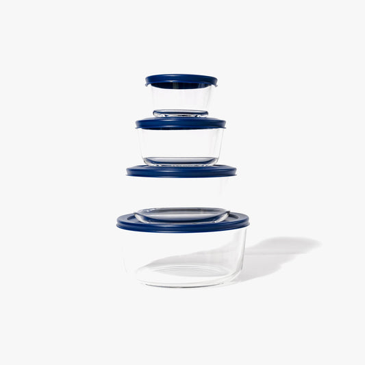 Glass Food Storage Containers - 8 Piece (4 Containers + 4 Lids) Round Nesting Space-Saving Set - Loft&Timber