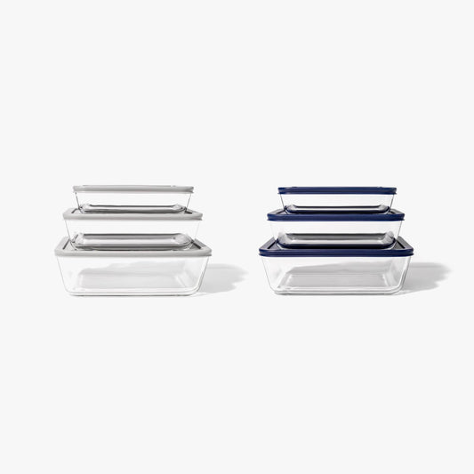 Glass Food Storage Containers - 12 Piece (6 Containers + 6 Lids) Rectangular Nesting Space-Saving Set - Loft&Timber