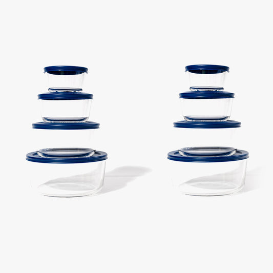 Glass Food Storage Containers - 16 Piece (8 Containers + 8 Lids) Round Nesting Space-Saving Set - Loft&Timber