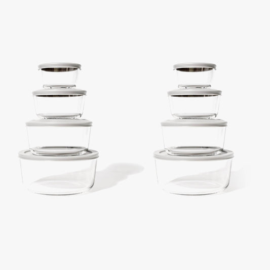 Glass Food Storage Containers - 16 Piece (8 Containers + 8 Lids) Round Nesting Space-Saving Set - Loft&Timber