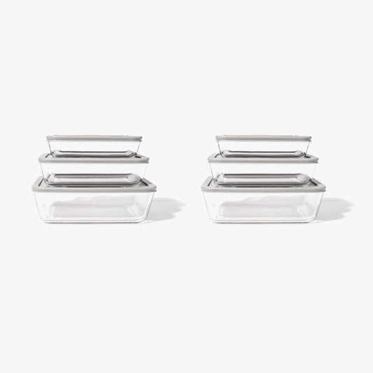 Glass Food Storage Containers - 12 Piece (6 Containers + 6 Lids) Rectangular Nesting Space-Saving Set - Loft&Timber