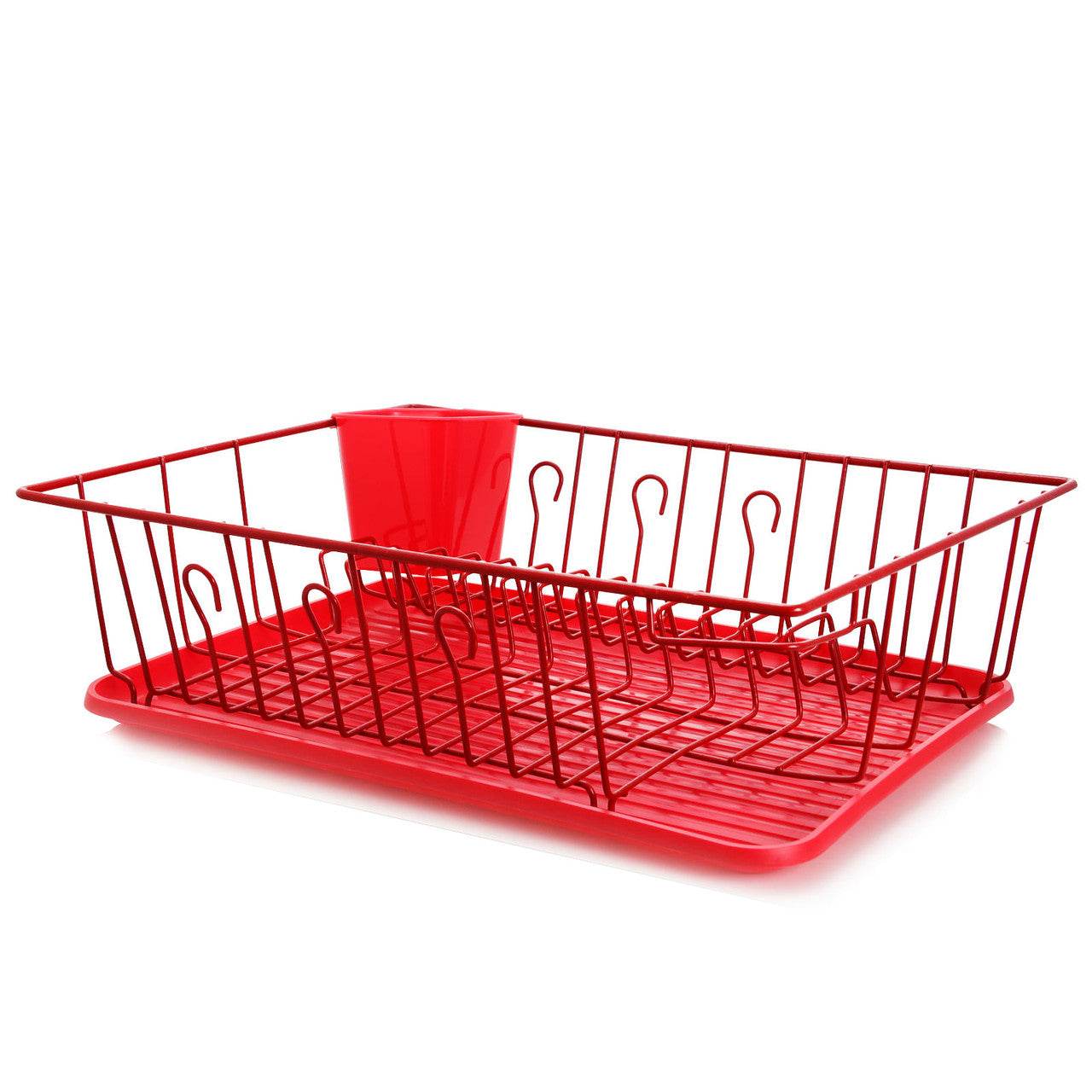 MegaChef 17.5 Inch Red Dish Rack with 14 Plate Positioners and a Detachable Utensil Holder - Loft&Timber