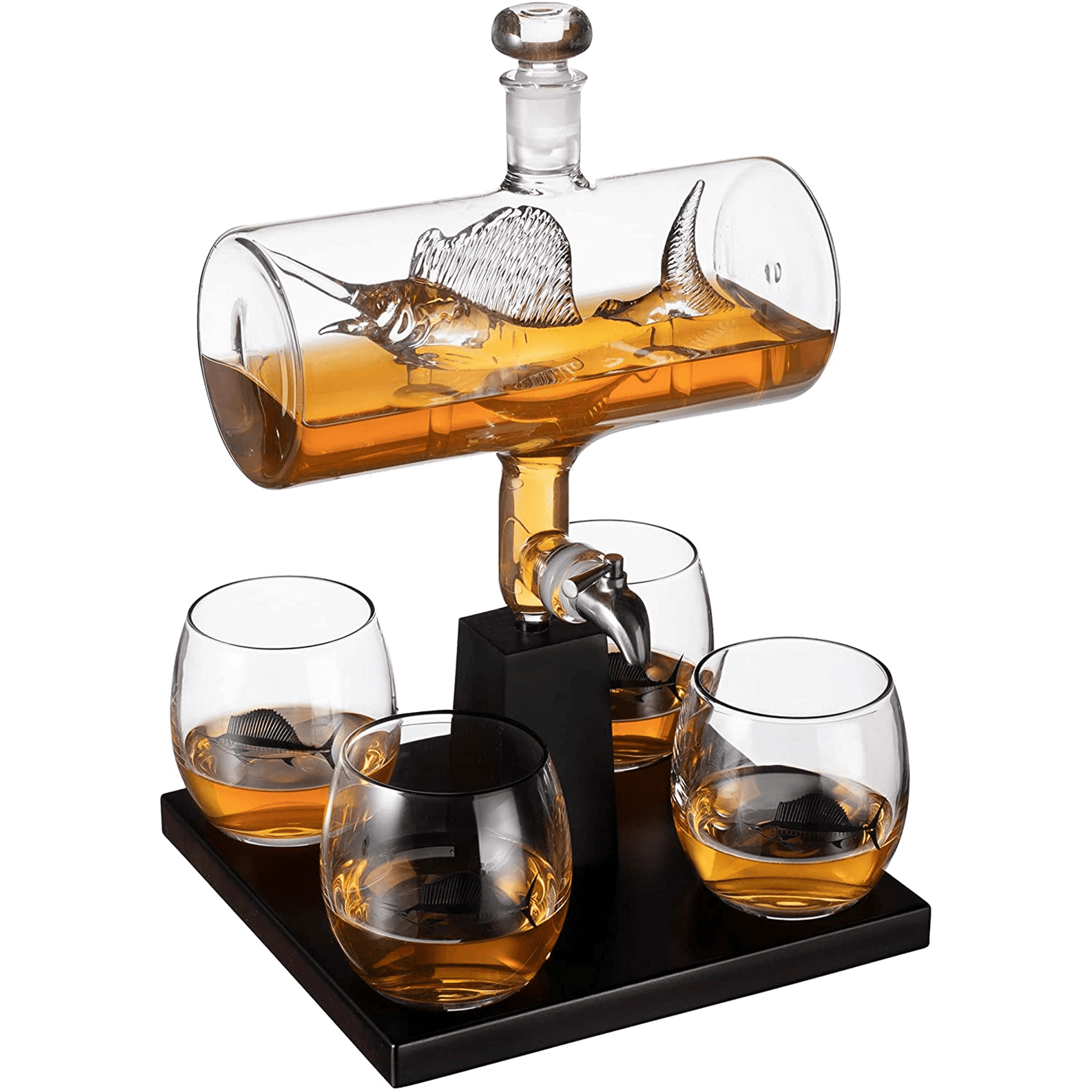 Swordfish & Sailfish Wine &Whiskey Decanter Dispenser and 4 Liquor Glasses - Fishing & Boat Decanter & Glass Set - Fishing Gifts for Men Bourbon & Scotch Decanter for Alcohol - Fisherman Gifts for Dad - Loft&Timber