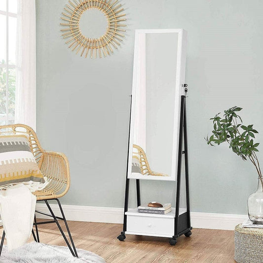 Modern Black Metal White Wood Jewelry Armoire Cabinet Organizer Mirror on Wheels-0