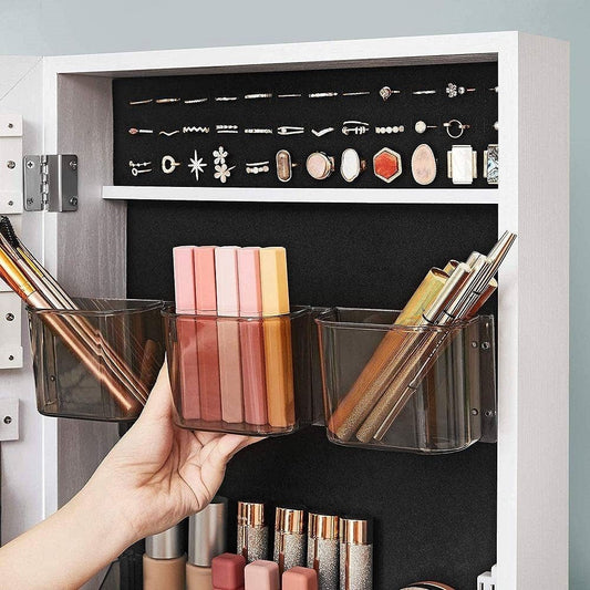 Modern Black Metal White Wood Jewelry Armoire Cabinet Organizer Mirror on Wheels-1