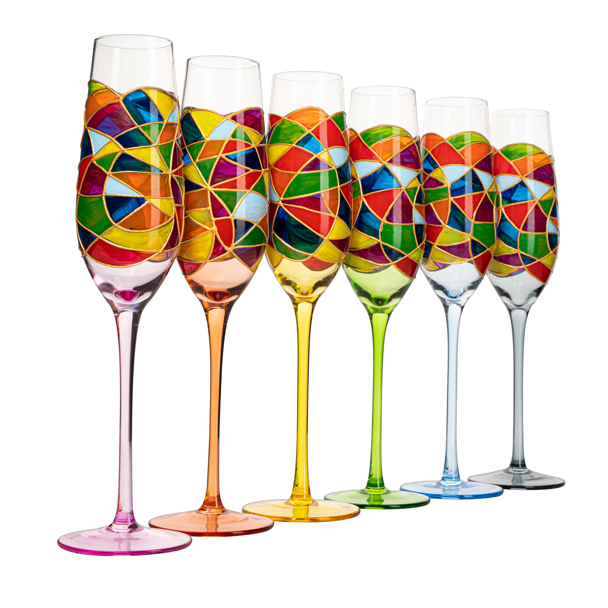 Stained Glass Champagne Flutes Set of 6 Hand Painted - Wine Savant - Hand Blown 7 Ounce Colorful Renaissance Champagne Glasses - 10.2" Tall, 2.7" Diameter Rainbow Multicolor Design Glassware - Loft&Timber