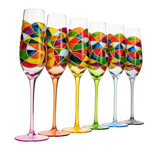 Stained Glass Champagne Flutes Set of 6 Hand Painted - Wine Savant - Hand Blown 7 Ounce Colorful Renaissance Champagne Glasses - 10.2" Tall, 2.7" Diameter Rainbow Multicolor Design Glassware - Loft&Timber