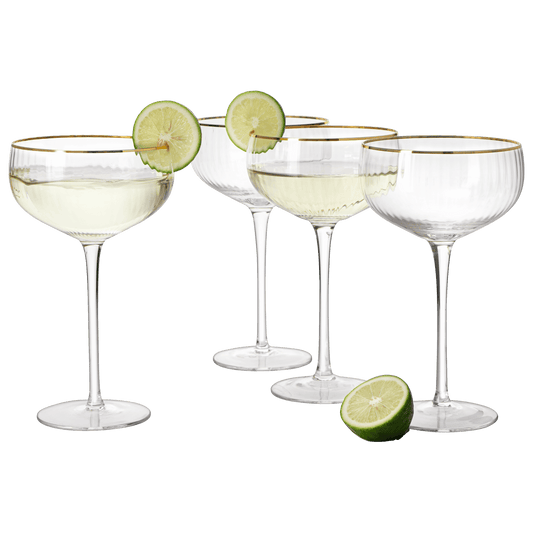 Gold Rim Glasses 7 oz, Set of 4 Gold Rim Classic Manhattan Glasses For Martini, Cocktails, Champagne, Wine - The Wine Savant (Ribbed) - Loft&Timber