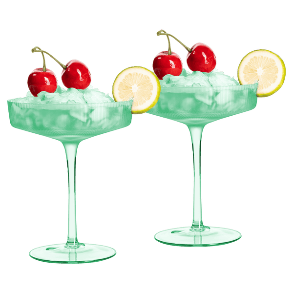 Ribbed Coupe Cocktail Glasses 8 oz | Set of 2 | Classic Manhattan Glasses For Cocktails, Champagne Coupe, Ripple Coupe Glasses, Art Deco Gatsby Vintage, Crystal with Stems (Green, Set of 2) - Loft&Timber