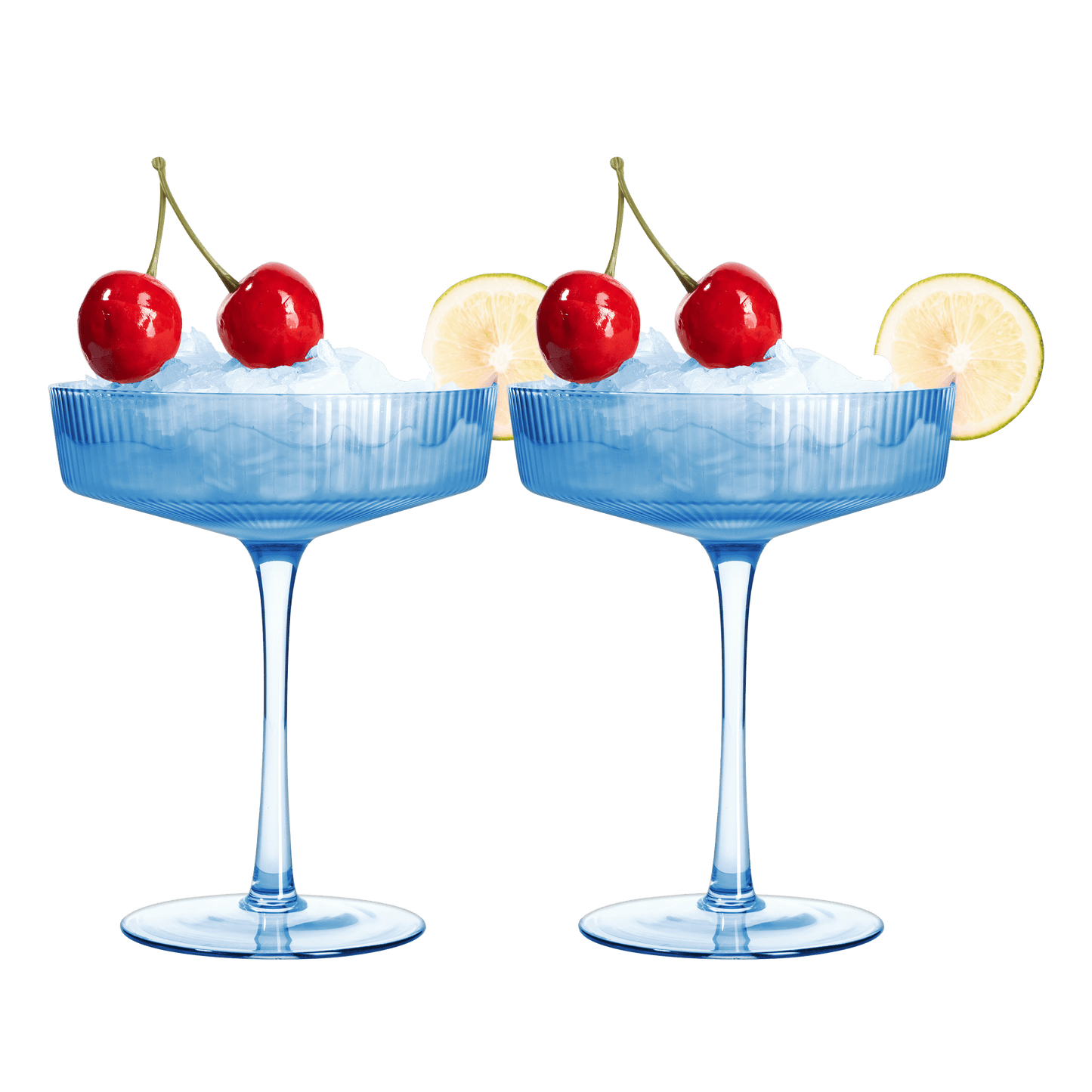 Ribbed Coupe Cocktail Glasses 8 oz | Set of 2 | Classic Manhattan Glasses For Cocktails, Champagne Coupe, Ripple Coupe Glasses, Art Deco Gatsby Vintage, Crystal with Stems (Blue, Set of 2) - Loft&Timber