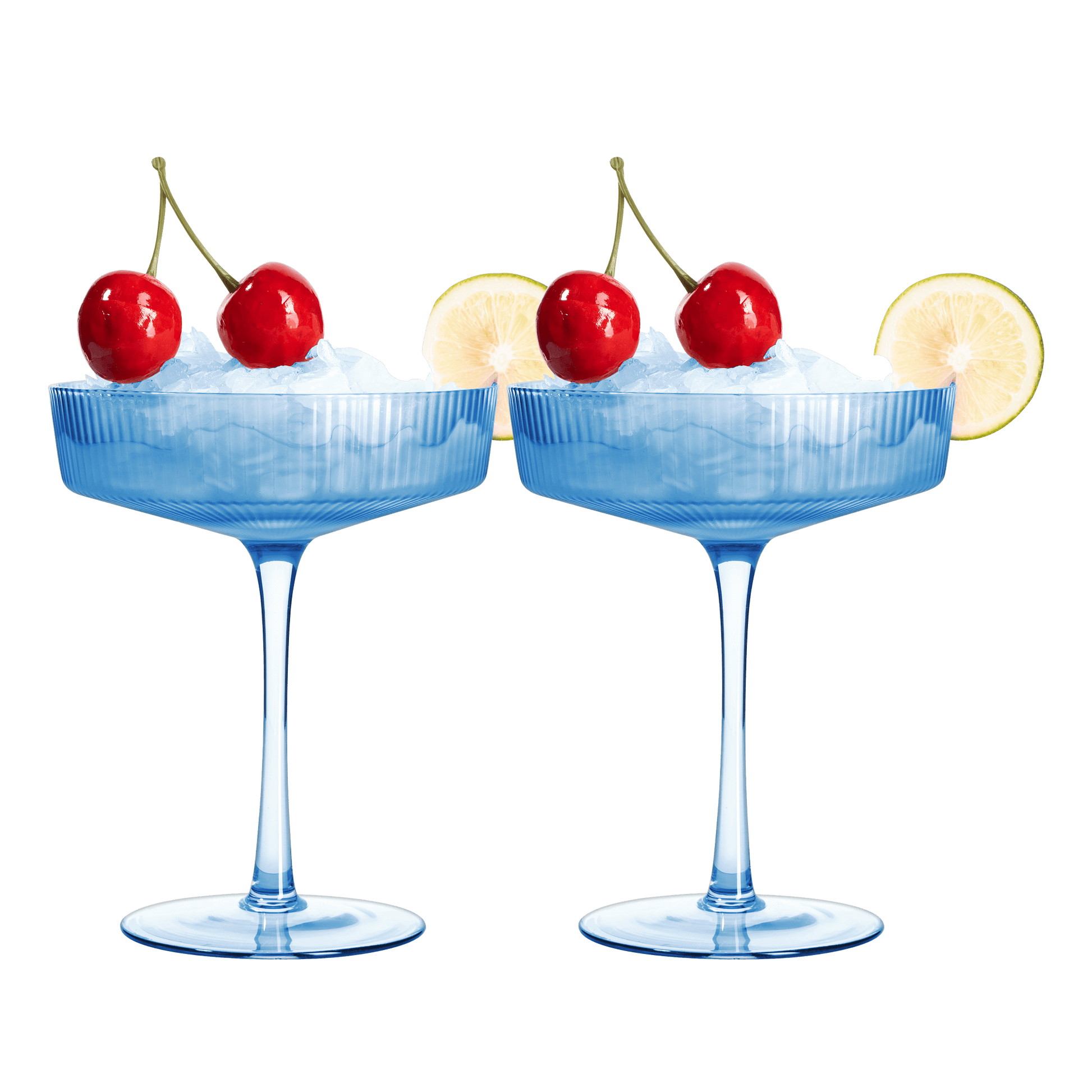 Ribbed Coupe Cocktail Glasses 8 oz | Set of 2 | Classic Manhattan Glasses For Cocktails, Champagne Coupe, Ripple Coupe Glasses, Art Deco Gatsby Vintage, Crystal with Stems (Blue, Set of 2) - Loft&Timber