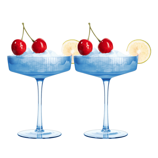 Ribbed Coupe Cocktail Glasses 8 oz | Set of 2 | Classic Manhattan Glasses For Cocktails, Champagne Coupe, Ripple Coupe Glasses, Art Deco Gatsby Vintage, Crystal with Stems (Blue, Set of 2) - Loft&Timber