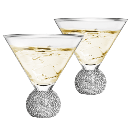 Diamond Studded Martini Glasses Set of 2 - The Wine Savant - Silver Rimmed Modern Cocktail Glass, Rhinestone Diamonds With Stemless Crystal Ball Base, Bar or Party 10.5oz, Swarovski Style Crystals - Loft&Timber