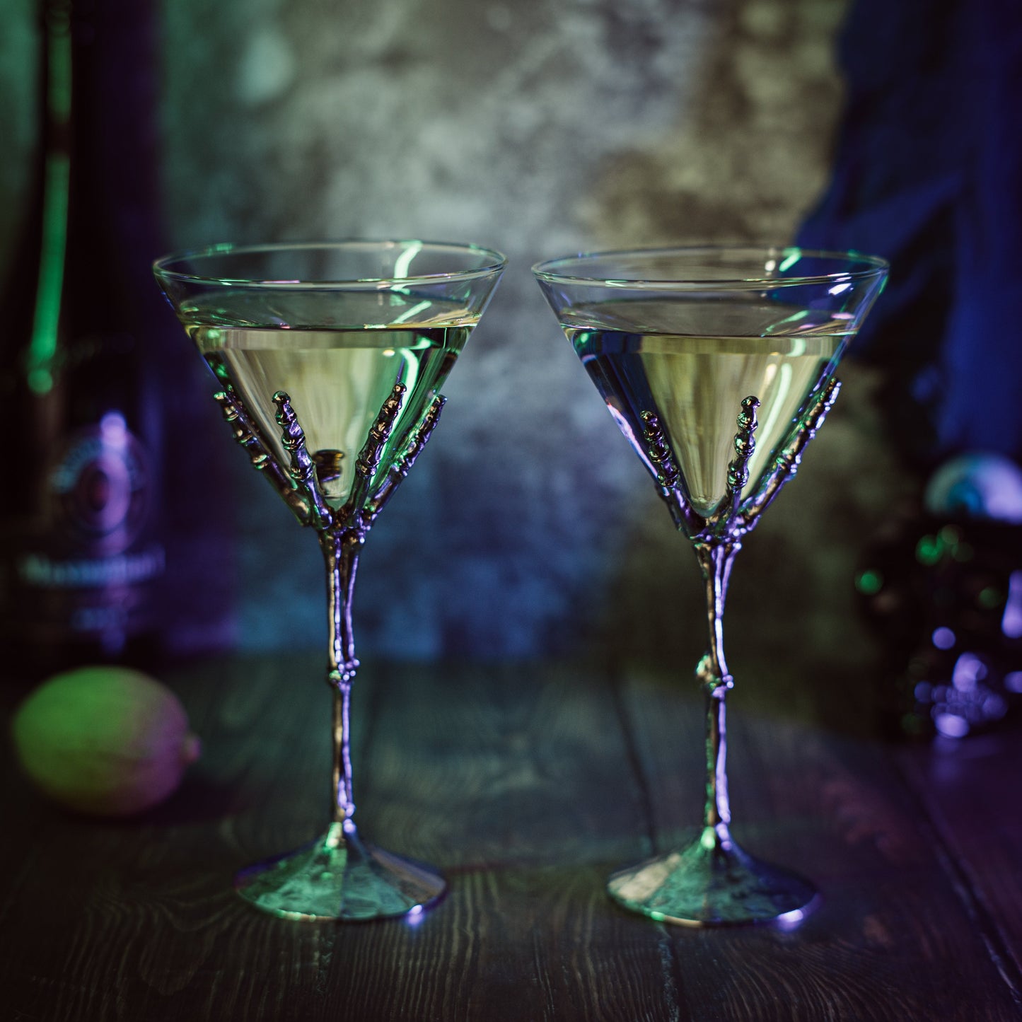 The Wine Savant Stemmed Skeleton Martini Glasses Set of 2 Skeleton Hand Glasses 9" H, Goth Gifts, Skeleton Gifts Decor, Spooky Cocktails, Water or Martini Gift Set, Wine Skeletons Glasses - Loft&Timber